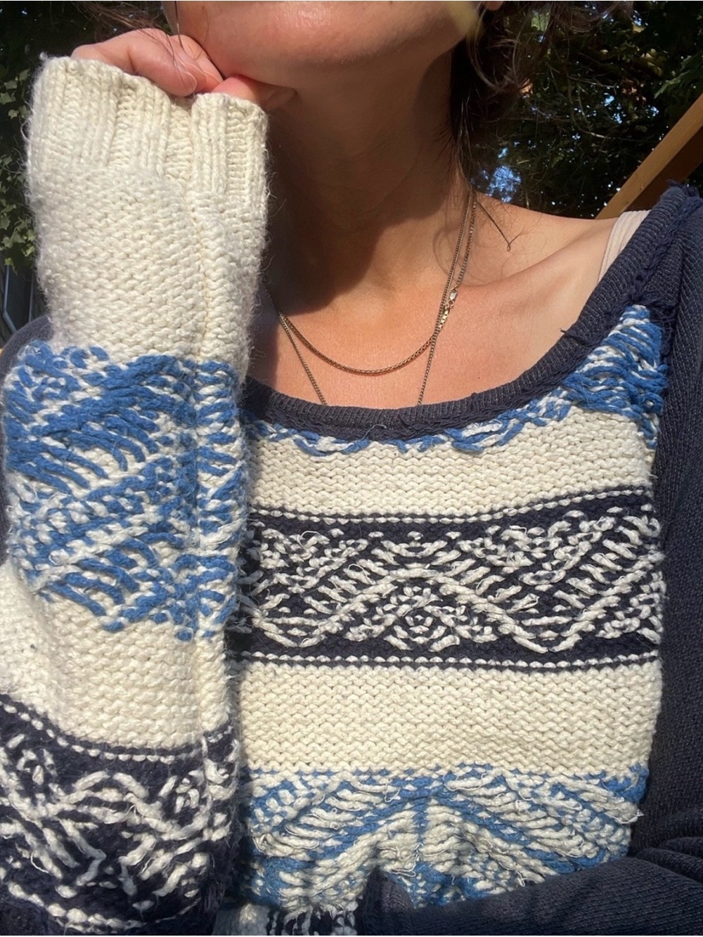 Free People “Snow Angel” Nordic Fair Isle Mixed Knit Pullover Tunic Sweater Navy